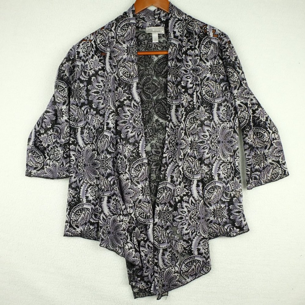Dressbarn Womens Cardigan Sweater Small Purple White  Paisley Open Sheer Retro